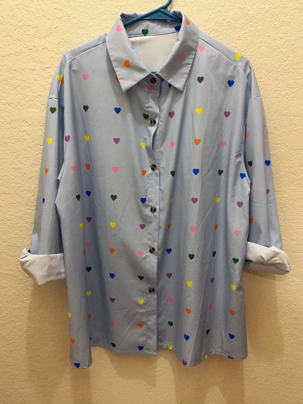 Women’s 1XL Light Blue Heart Print Button-Up Collared Long Sleeve Blouse